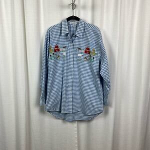 Casey Coleman Vintage Blue Gingham Embroidered Farm Scene Button Up Blouse Sz.M